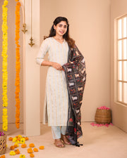 Grey Banaras Suit Set With Pichwai Prints