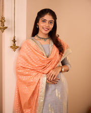 Grey-Orange Soft Semi Banaras Suit Set