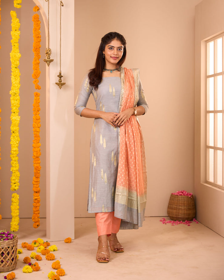 Grey-Orange Soft Semi Banaras Suit Set