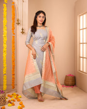 Grey-Orange Soft Semi Banaras Suit Set