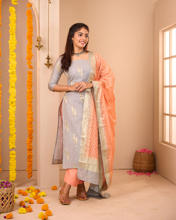 Grey-Orange Soft Semi Banaras Suit Set