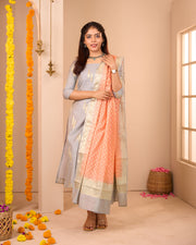 Grey-Orange Soft Semi Banaras Suit Set