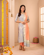 Grey-Orange Soft Semi Banaras Suit Set