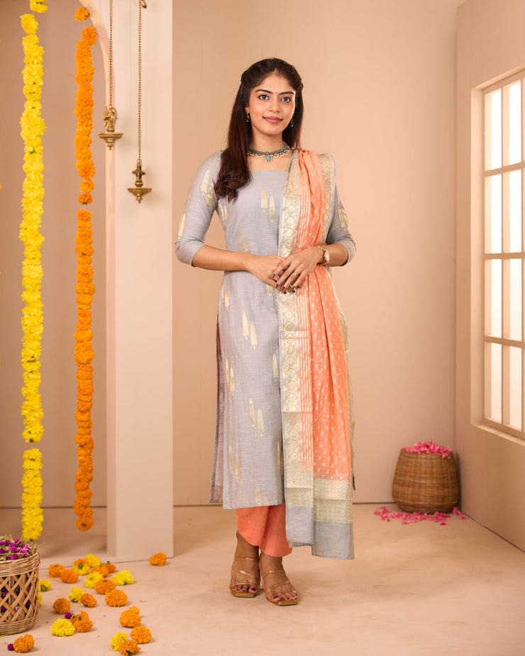 Grey-Orange Soft Semi Banaras Suit Set