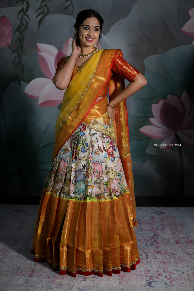 Ivory Kalamkari Silk Half Saree