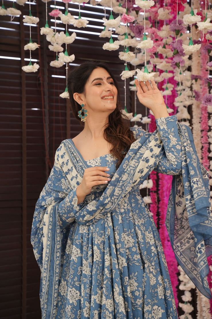 Blue Floral Cotton Suit Set