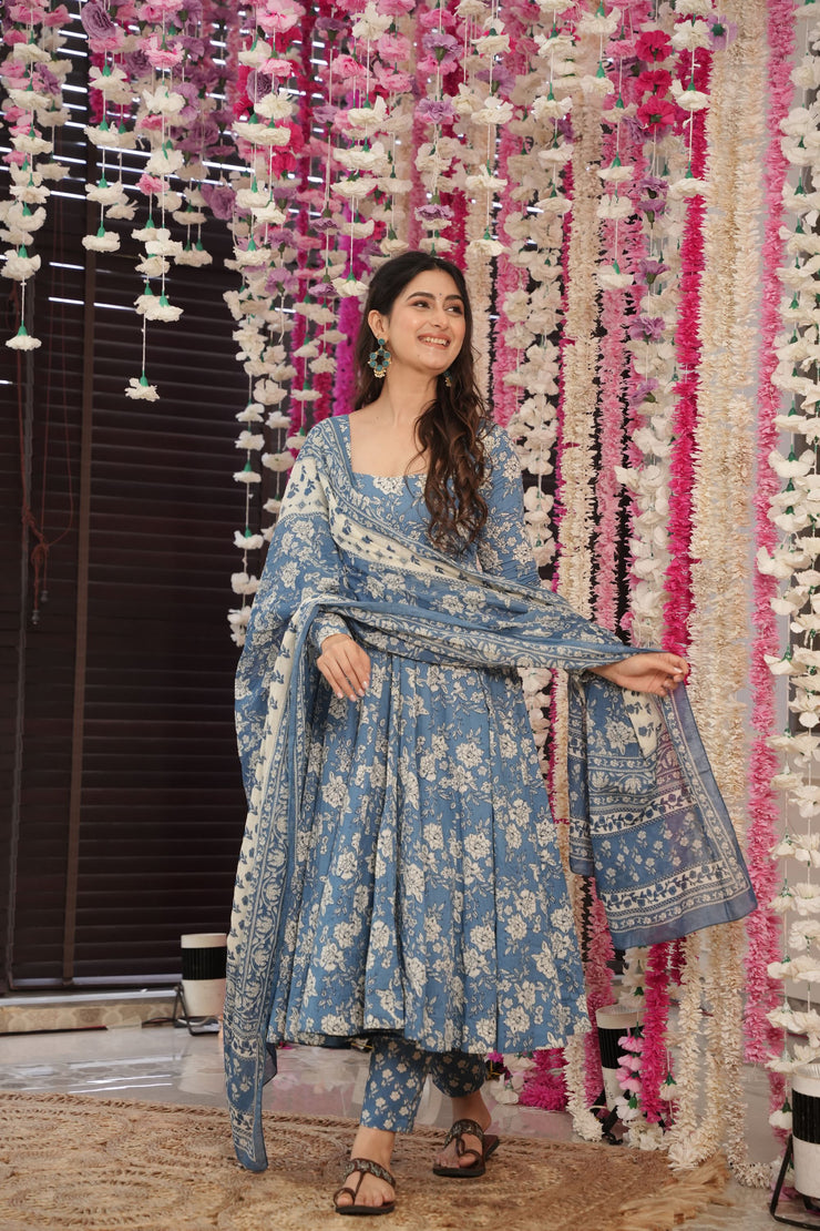 Blue Floral Cotton Suit Set