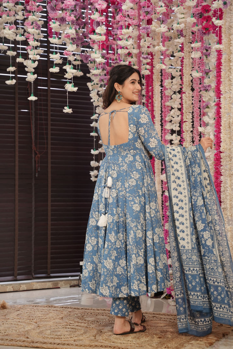 Blue Floral Cotton Suit Set