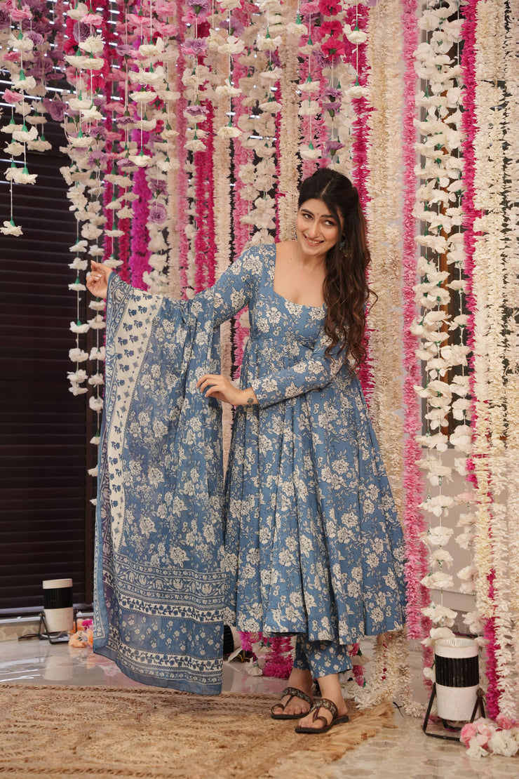 Blue Floral Cotton Suit Set