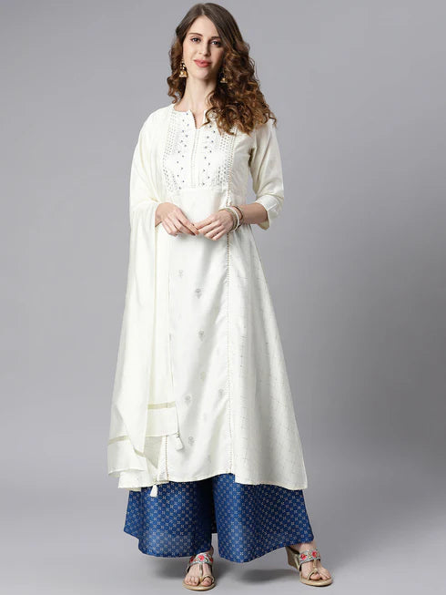 White Poly Silk Ethnic Motifs Kurta with Palazzo and  Dupatta