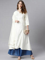 White Poly Silk Ethnic Motifs Kurta with Palazzo and  Dupatta