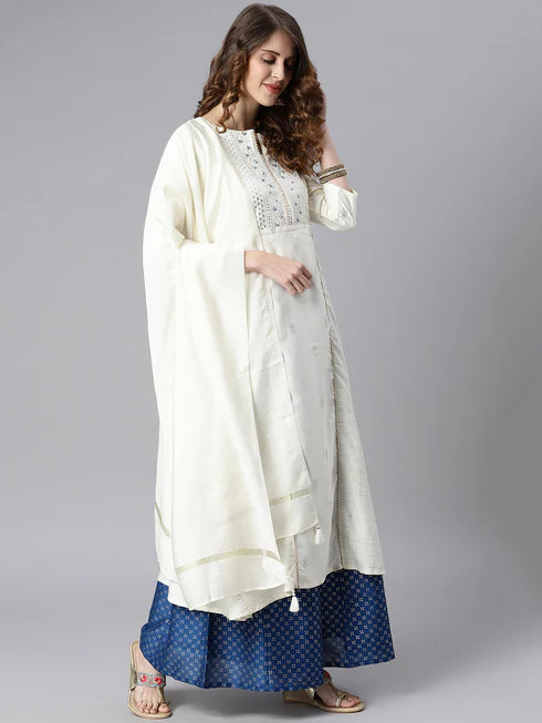 White Poly Silk Ethnic Motifs Kurta with Palazzo and  Dupatta