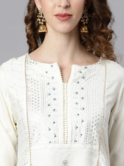 White Poly Silk Ethnic Motifs Kurta with Palazzo and  Dupatta