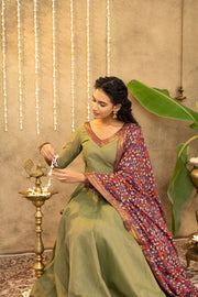 Green Zari Anarkali With Kalamkari Dupatta