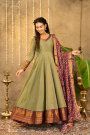 Green Zari Anarkali With Kalamkari Dupatta