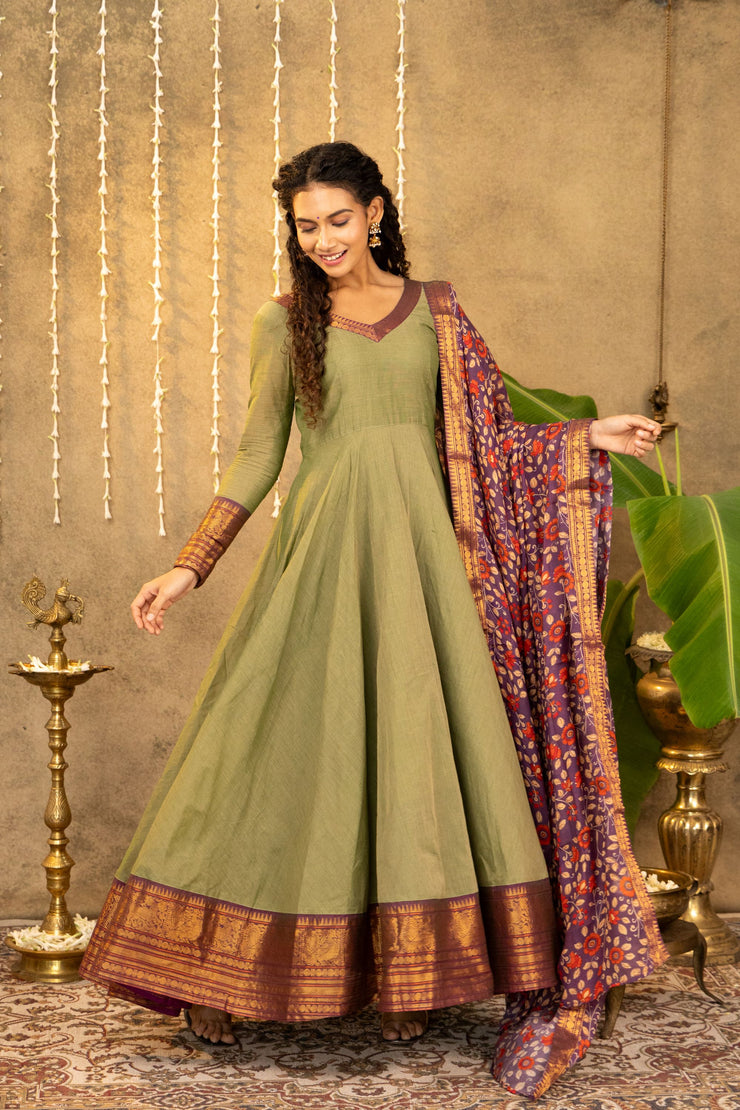 Green Zari Anarkali With Kalamkari Dupatta