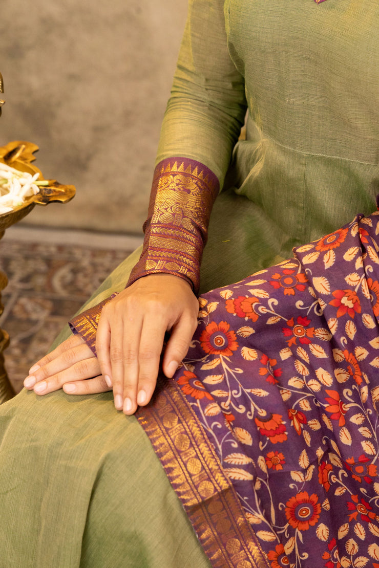 Green Zari Anarkali With Kalamkari Dupatta