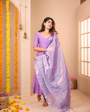 Kani Lilac Silk Suit Set With Tissue Handloom Dupatta