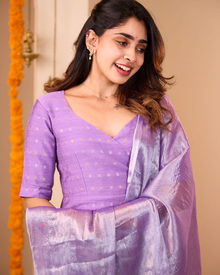 Kani Lilac Silk Suit Set With Tissue Handloom Dupatta