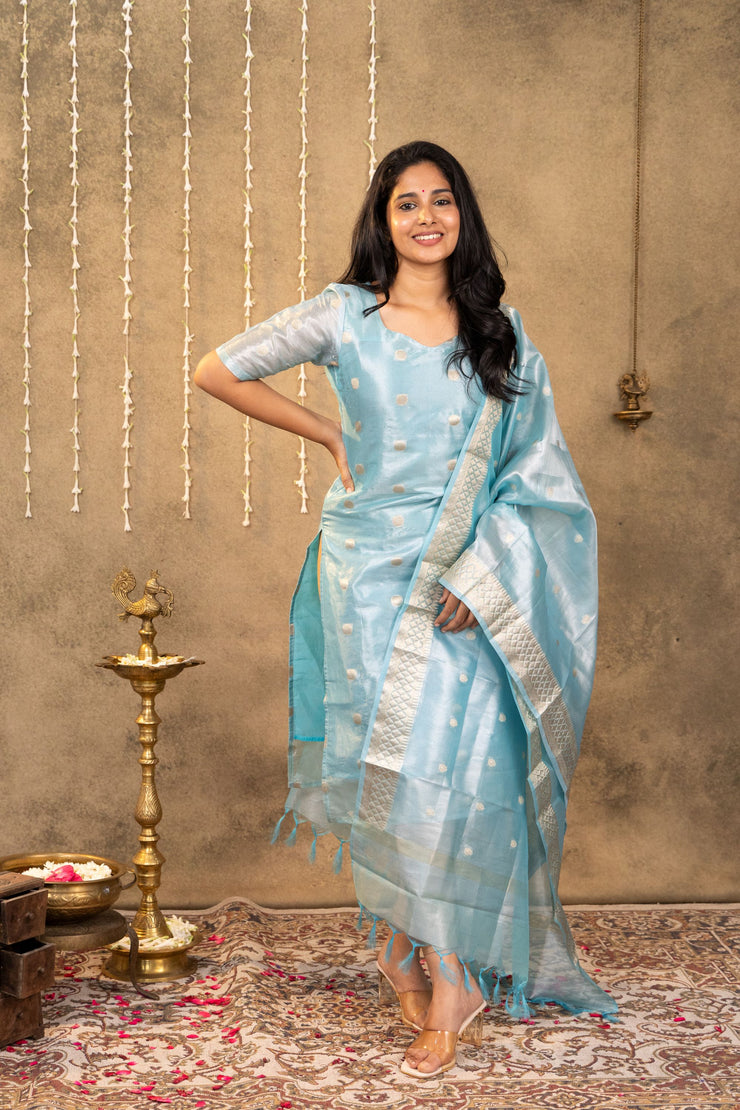 Light Blue Gold Polka Kurta With Dupatta