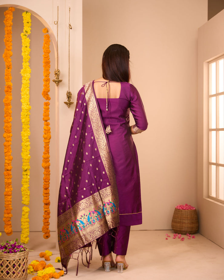 Annam Magenta Semi Banaras Suit Set