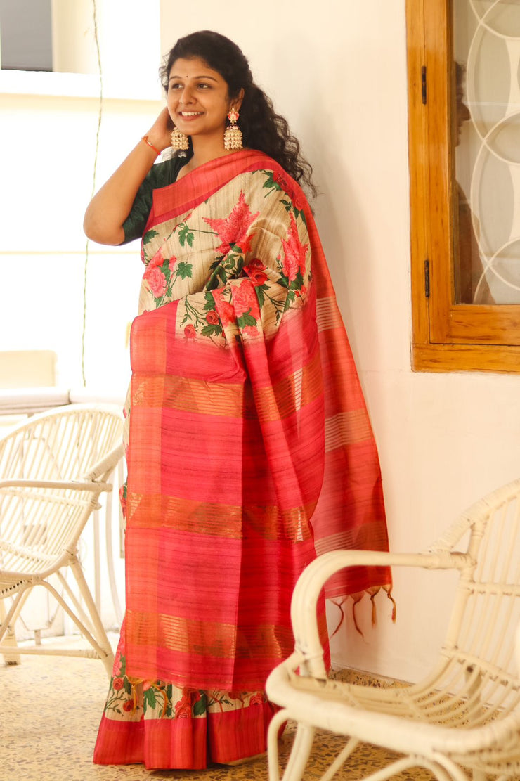 Floral Printed Saree Semi Tusser Saree