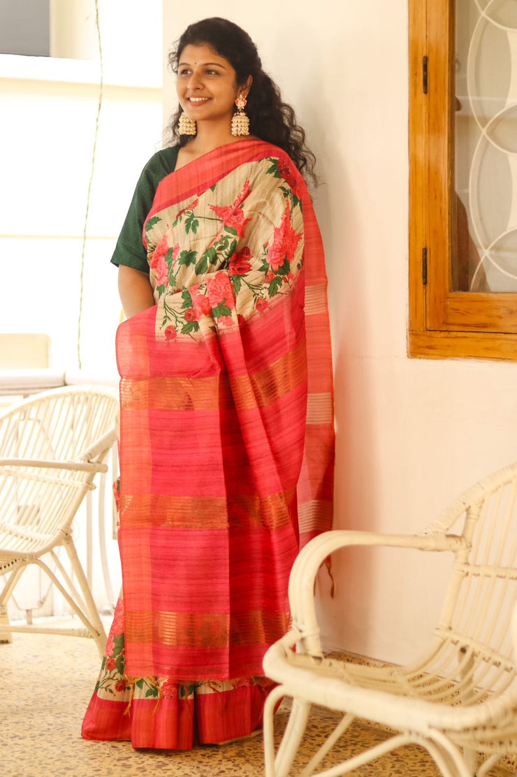 Floral Printed Saree Semi Tusser Saree