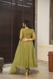 Green Organza Suit Set With Scallop Duppatta