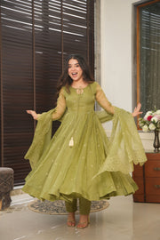 Green Organza Suit Set With Scallop Duppatta