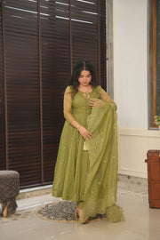 Green Organza Suit Set With Scallop Duppatta