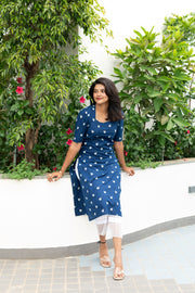 Navy Blue Floral Embroidery Handloom Kurta Set