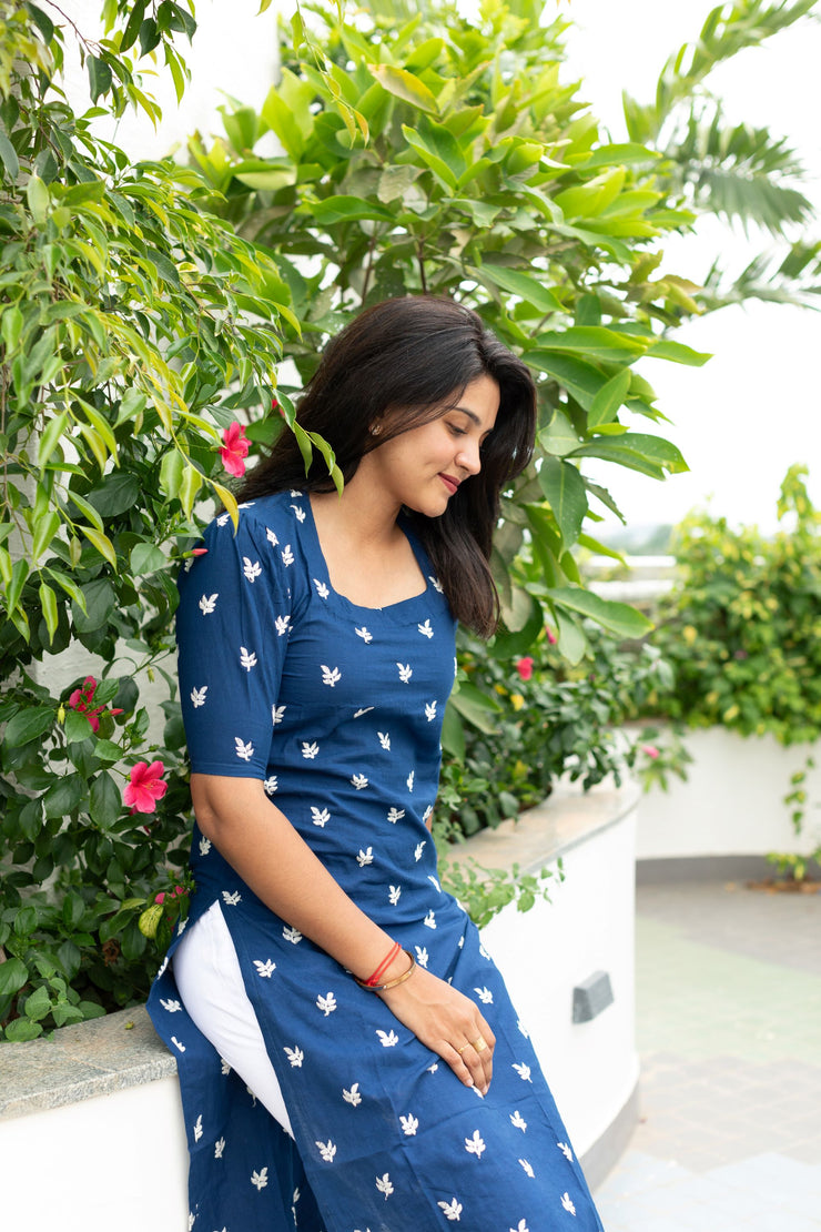 Navy Blue Floral Embroidery Handloom Kurta Set