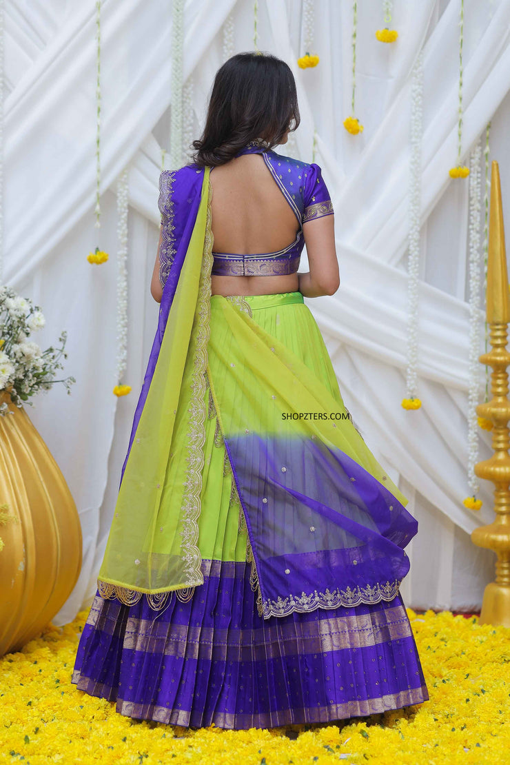 Light Green and Blue Gadval Silk Lehenga