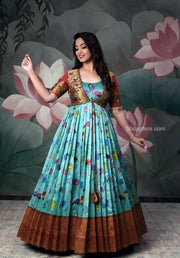 Sky Blue Banarasi Silk Dress With Jacket