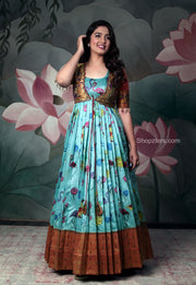 Sky Blue Banarasi Silk Dress With Jacket