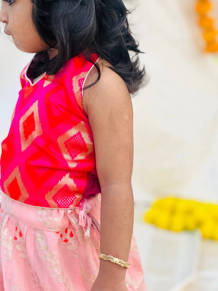 pink and peach gold leaf chanderi