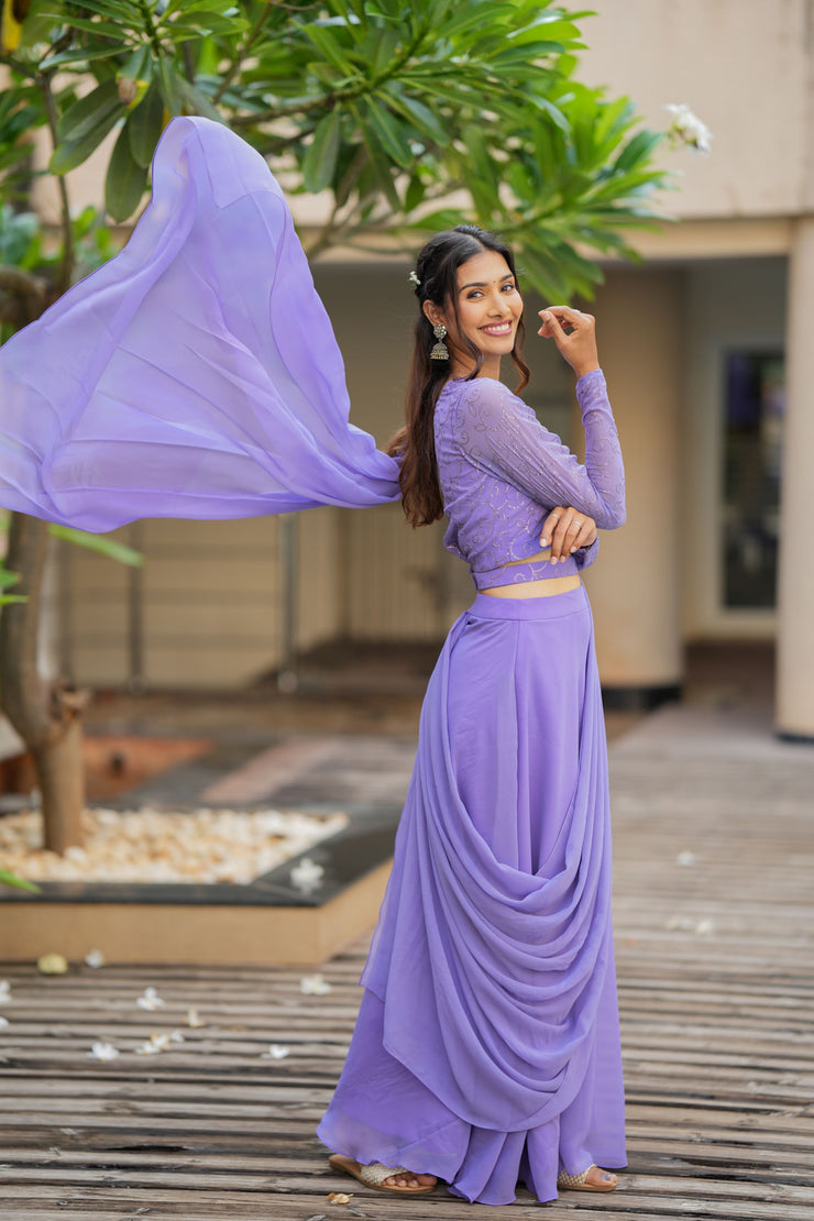 Paisley Purple Crop Top And Skirt With Draped  Duppatta