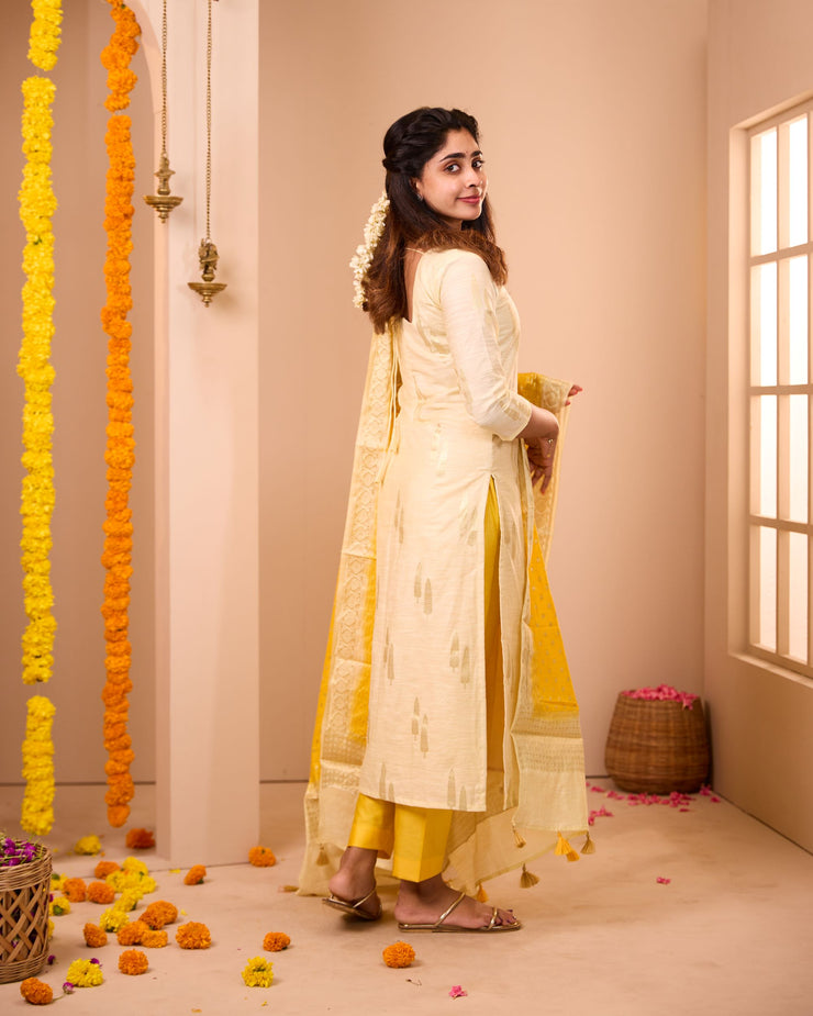 Offwhite- Yellow Soft Semi Banaras Suit Set