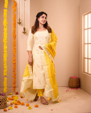 Offwhite- Yellow Soft Semi Banaras Suit Set