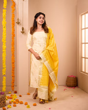 Offwhite- Yellow Soft Semi Banaras Suit Set