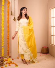 Offwhite- Yellow Soft Semi Banaras Suit Set