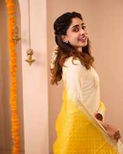 Offwhite- Yellow Soft Semi Banaras Suit Set