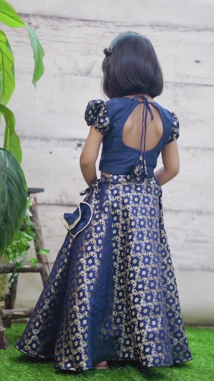 Blue Banarasi Crop Top & Skirt - Mini