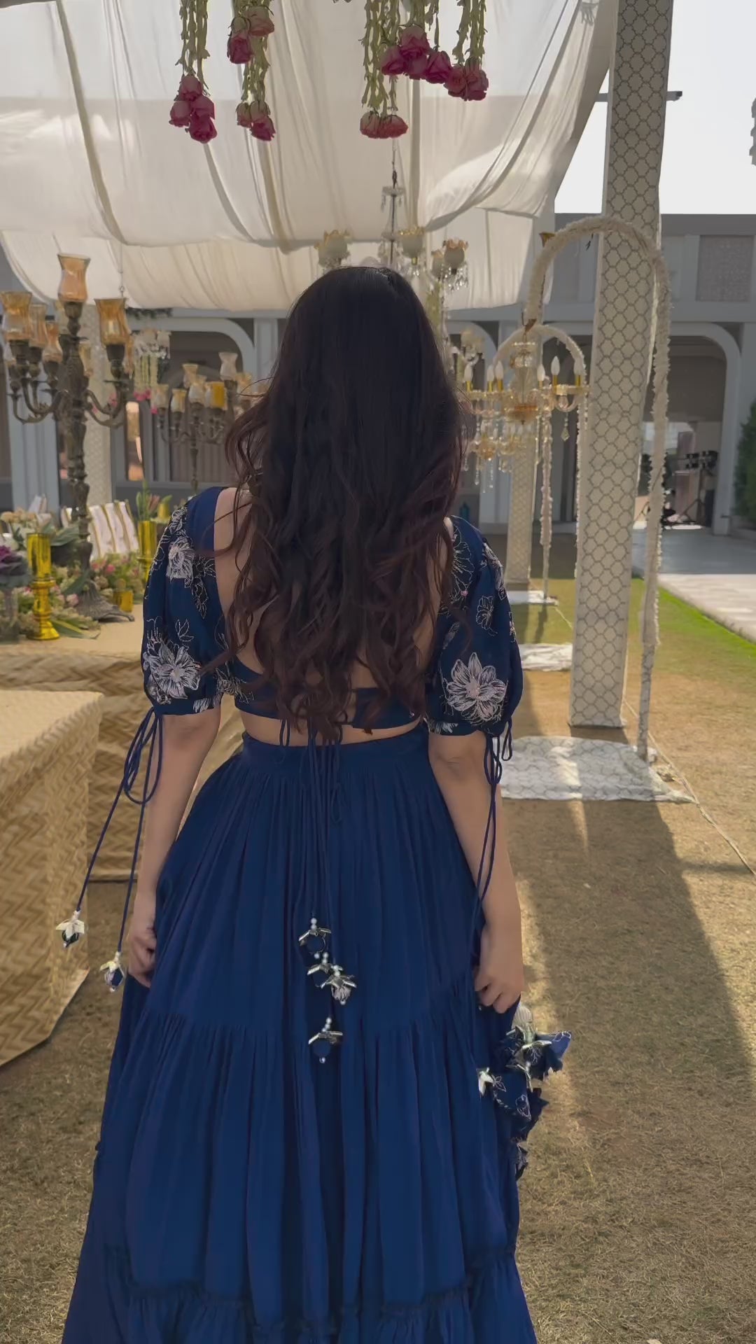 Stunning ethnic crop top and skirt set in Marshall Blue, tailored for a fashionable statement at any cultural event.