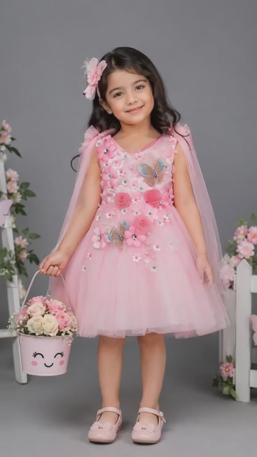 Pink & white Dress with hand made flowers.