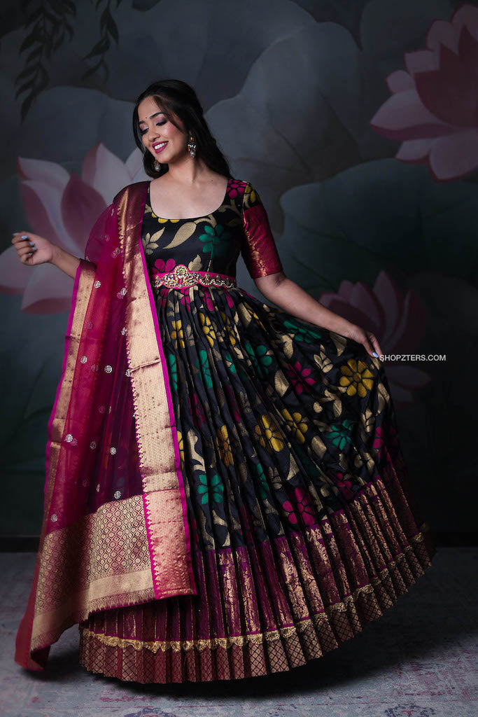 Black Banarasi Silk Dress With Pink Net Dupatta