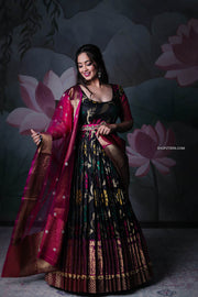 Black Banarasi Silk Dress With Pink Net Dupatta