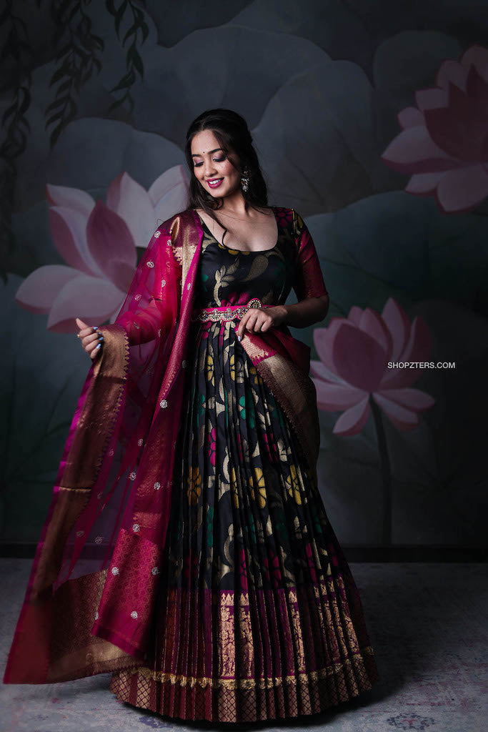 Black Banarasi Silk Dress With Pink Net Dupatta