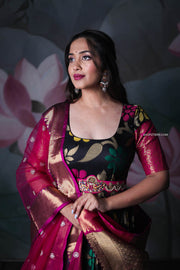 Black Banarasi Silk Dress With Pink Net Dupatta