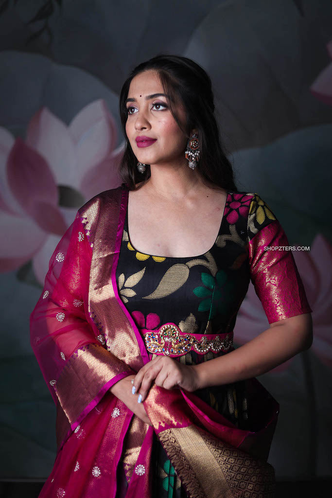 Black Banarasi Silk Dress With Pink Net Dupatta